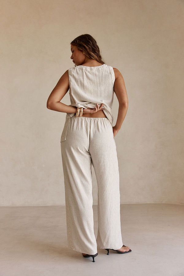 Cream and Black Pinstripe Drawstring Capri Pants