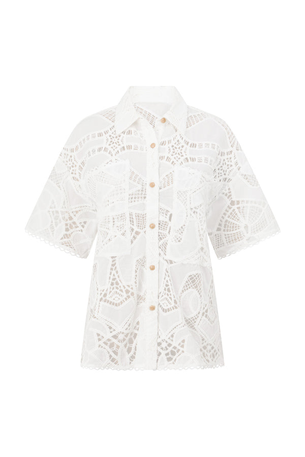 White Embroidered Cutwork Button Up Cielo Shirt