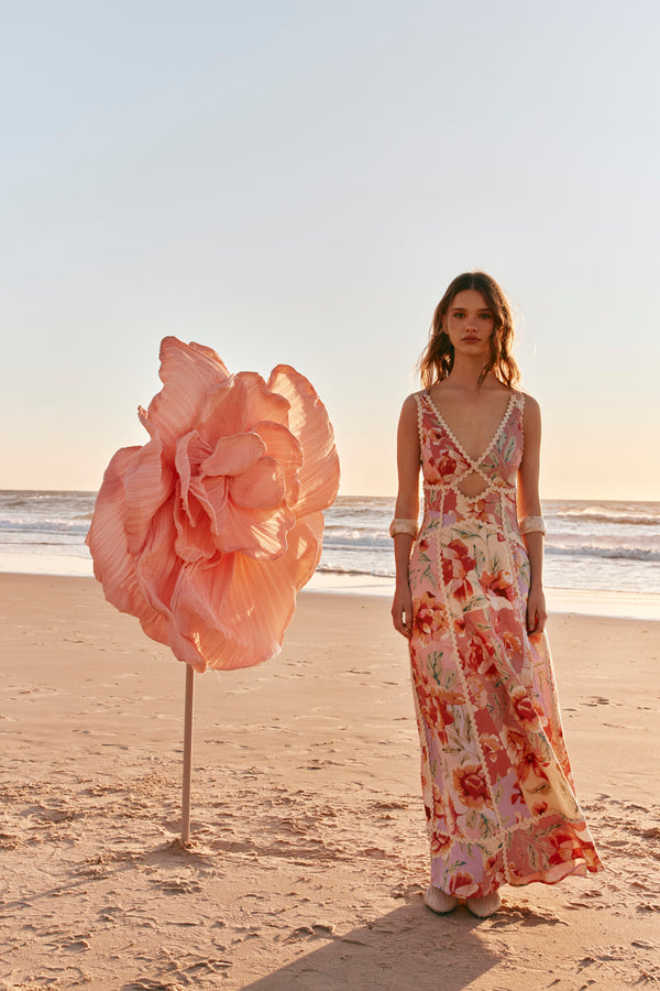 Pink Desert Rose Print V Neck Maxi Evia Dress