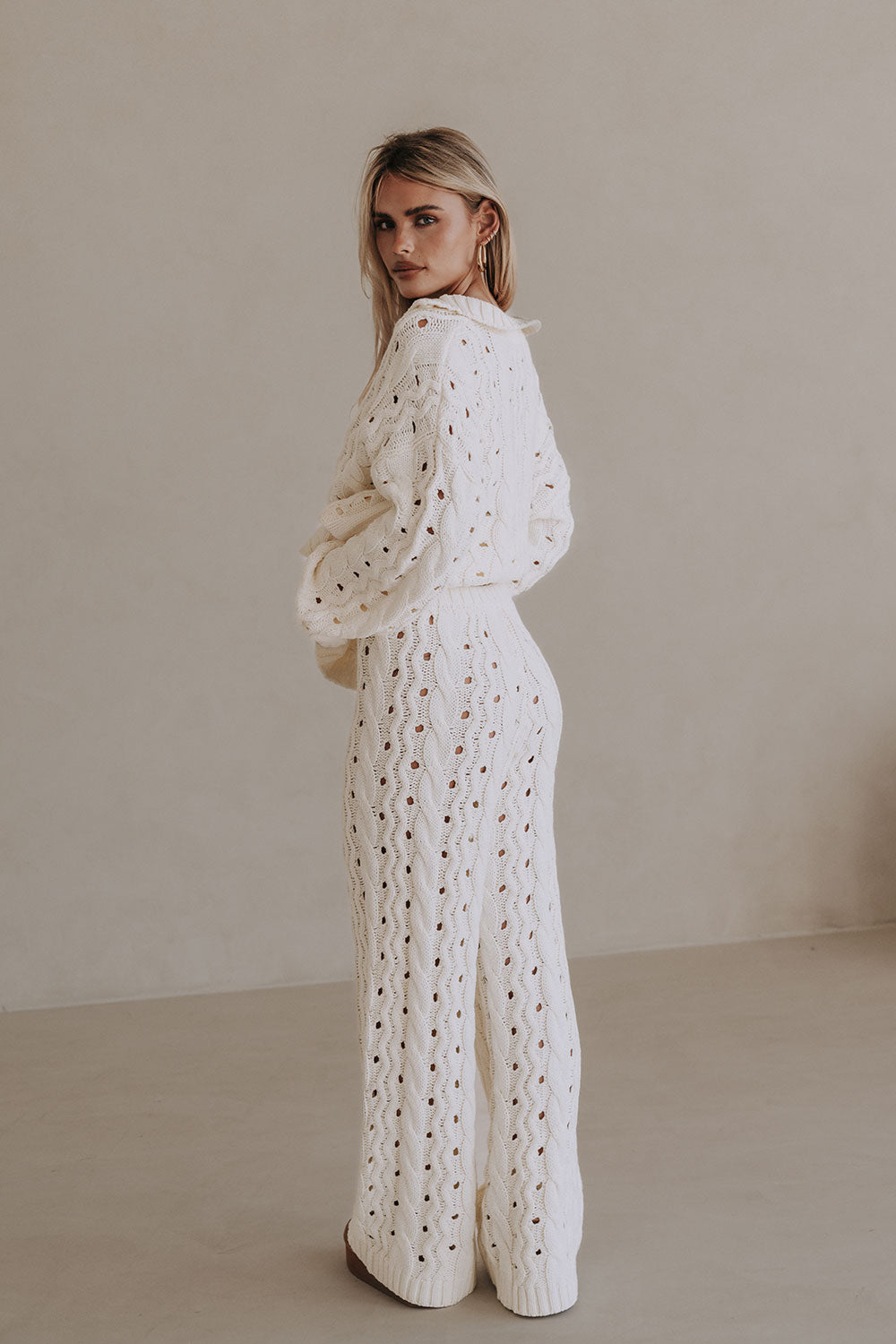 Cream Cable Knit High Waist Wide Leg Elana Pants