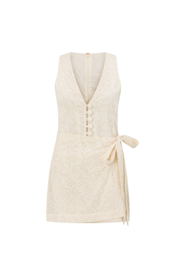 White Broderie V Neck Wrap Mini Gracia Dress