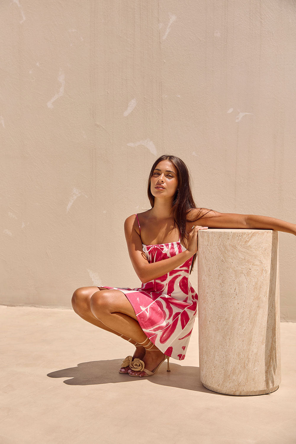Tiana Thin Strap Mini Dress - Pink, White Ada Floral Print
