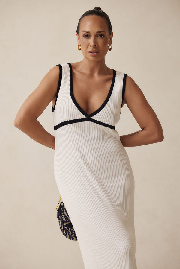 White Knit V Neck Maxi Paragon Dress