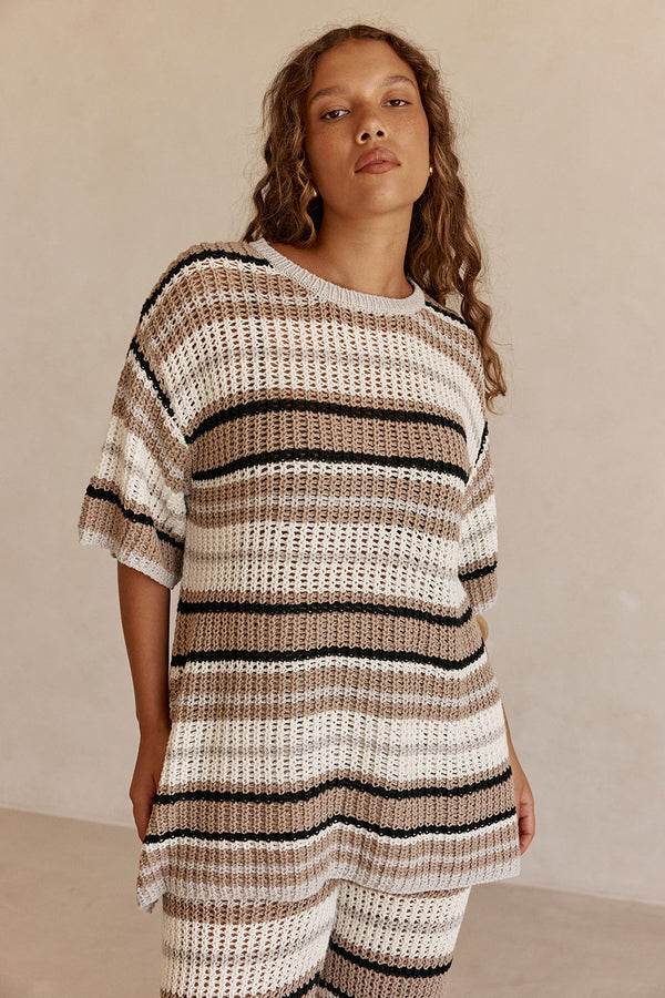 Tan and White Stripe Knit Java Top