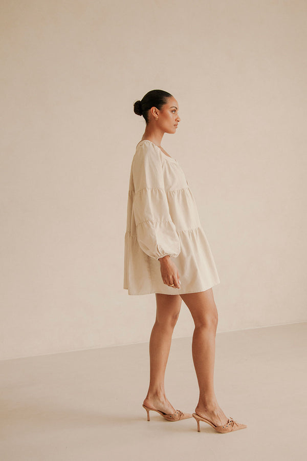 Beige Puff Sleeve Button Midi Palmer Dress