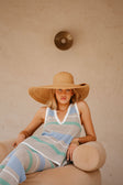 Astea V Neckline Knit Top - Grey, Green, Blue, White Stripe