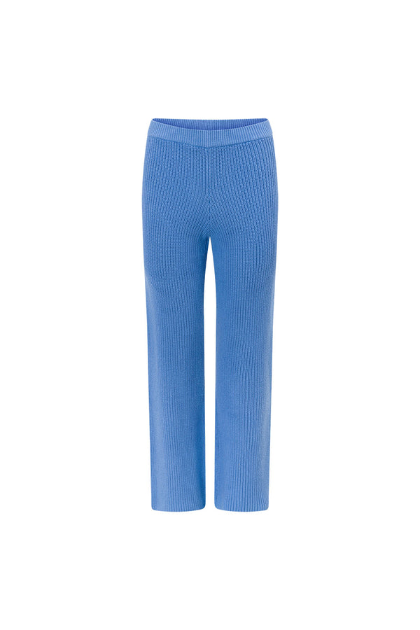 Blue Ribbed Knit High Waist May Pants