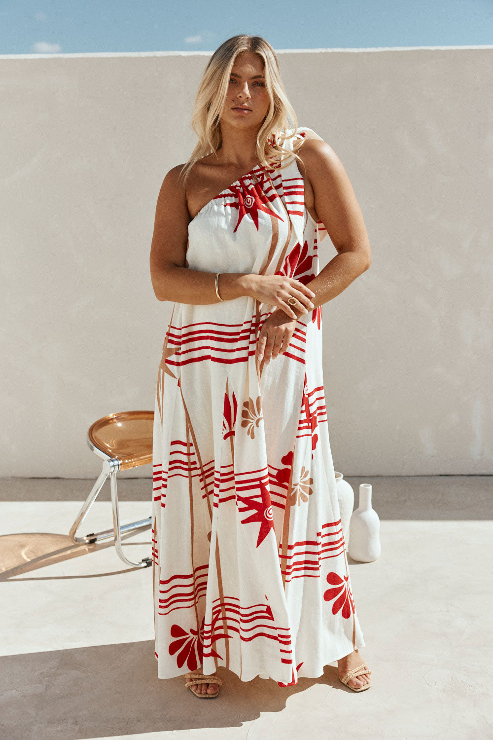 Cream Moana Red Print One Shoulder Maxi Avani Dress