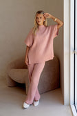 Blush Pink Ribbed Knit High Waist Celine Pants