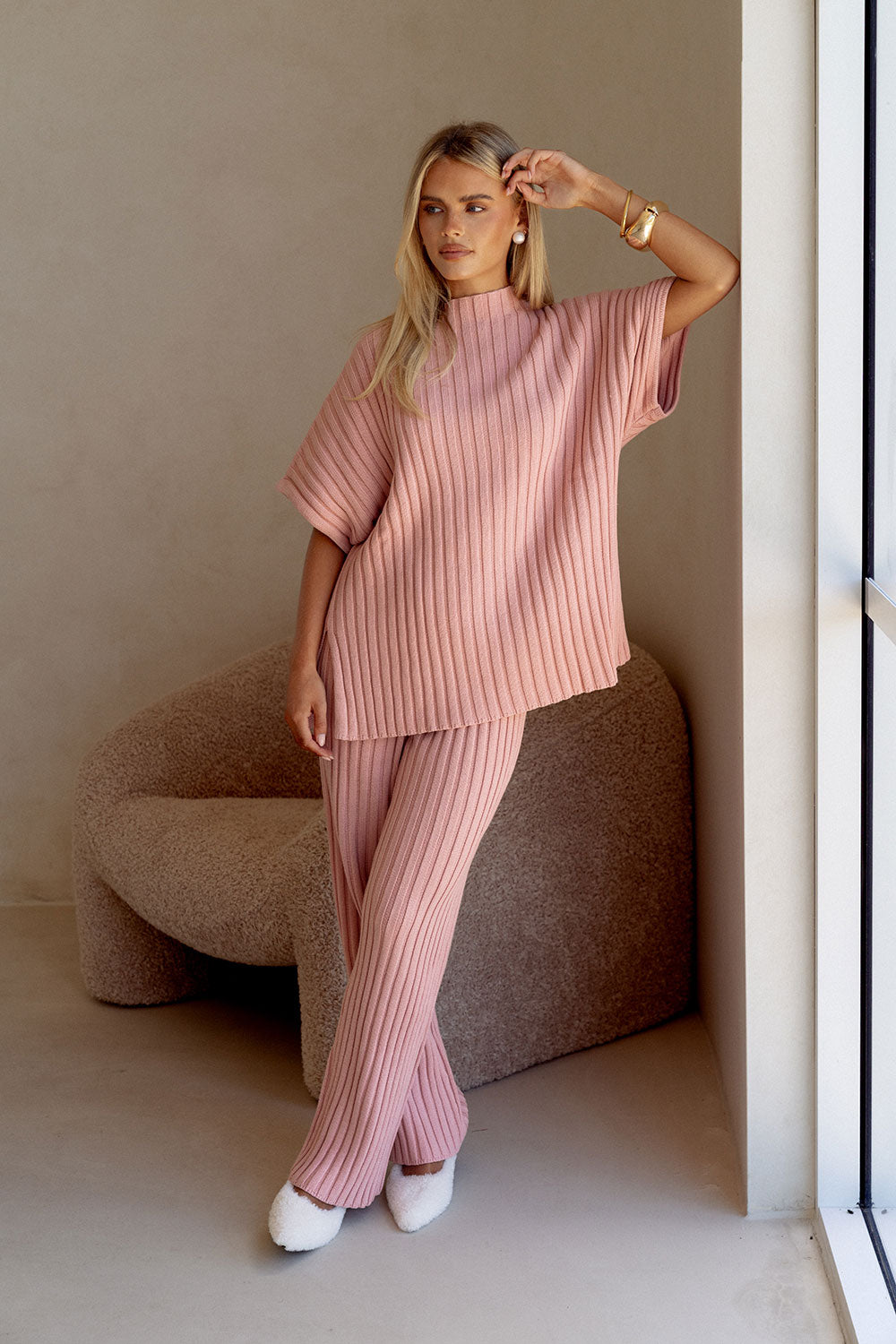 Blush Pink Ribbed Knit High Waist Celine Pants