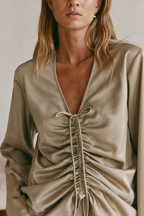 Khaki Silky Long Sleeve Ruched Bindi Top