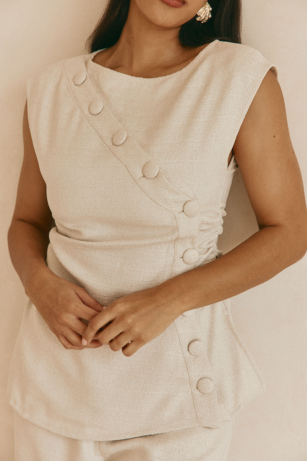 Beige Button Gathered Azul Top