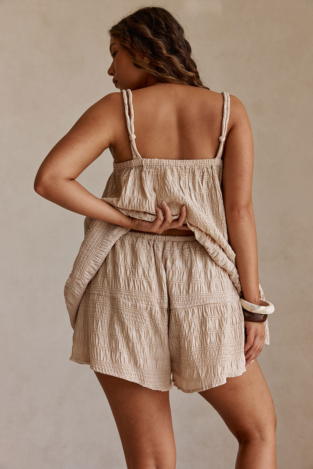Beige Ruched Elastic Drawstring Amina Shorts