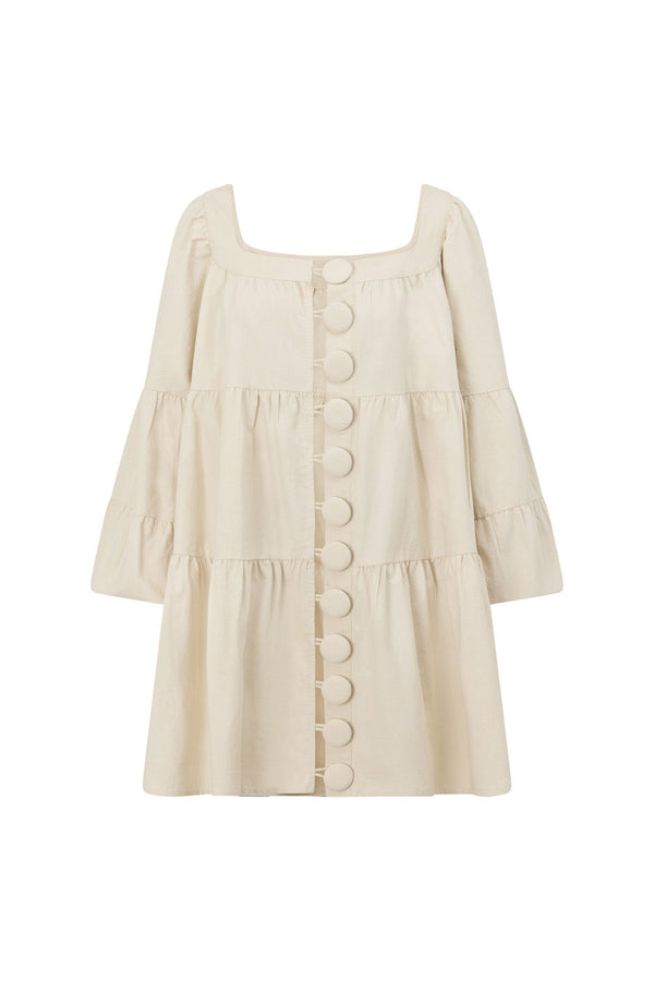 Beige Puff Sleeve Button Midi Palmer Dress