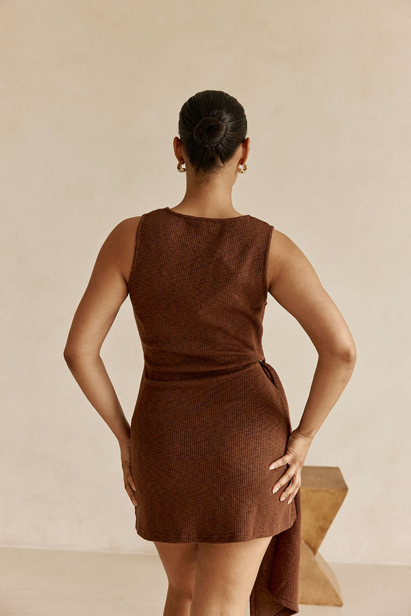 Brown Ribbed V-Neck Wrap Mini Oliana Dress