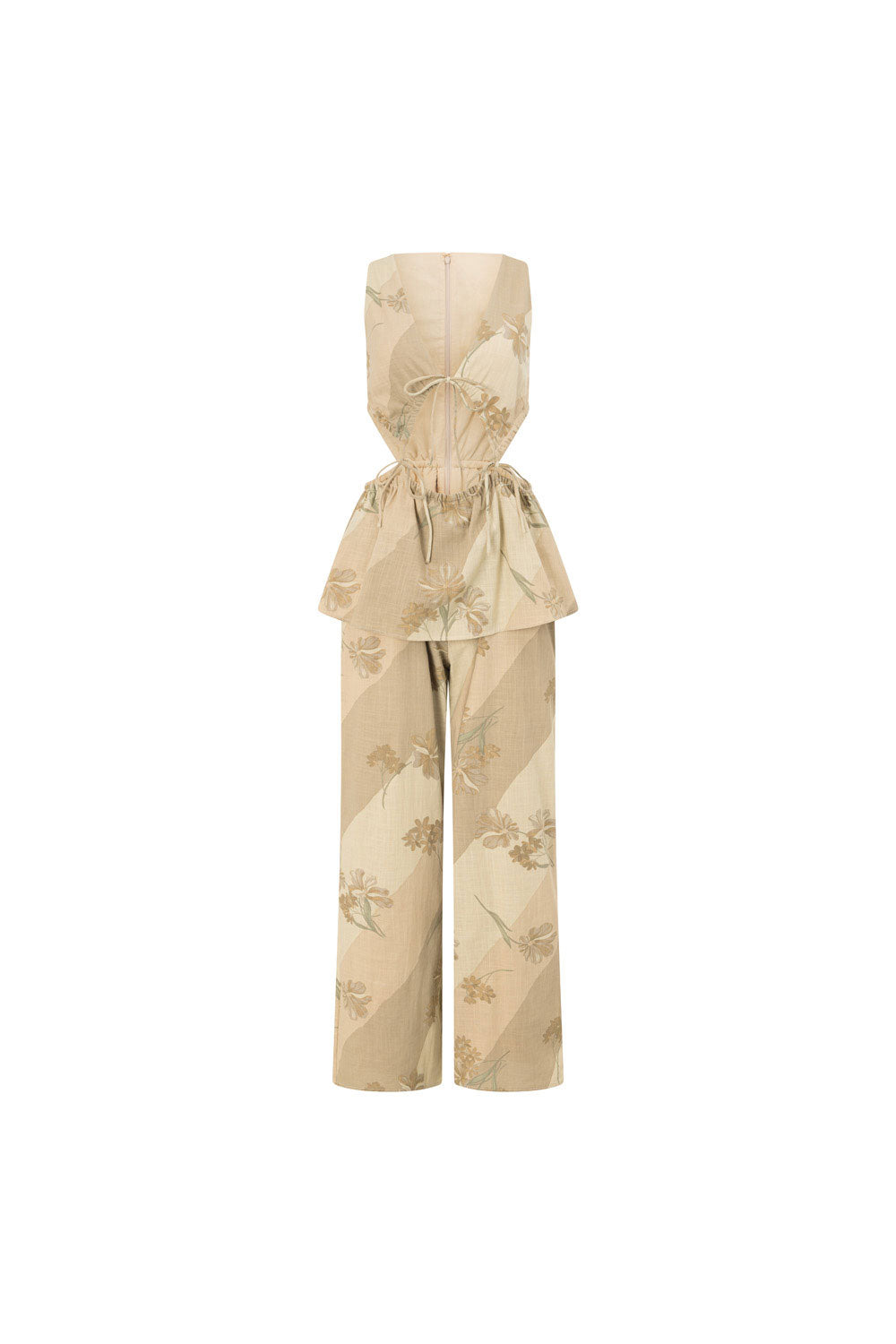  Esmae Tropical Cutout Tie Jumpsuit - Brown, Green Tawny Bloom Print