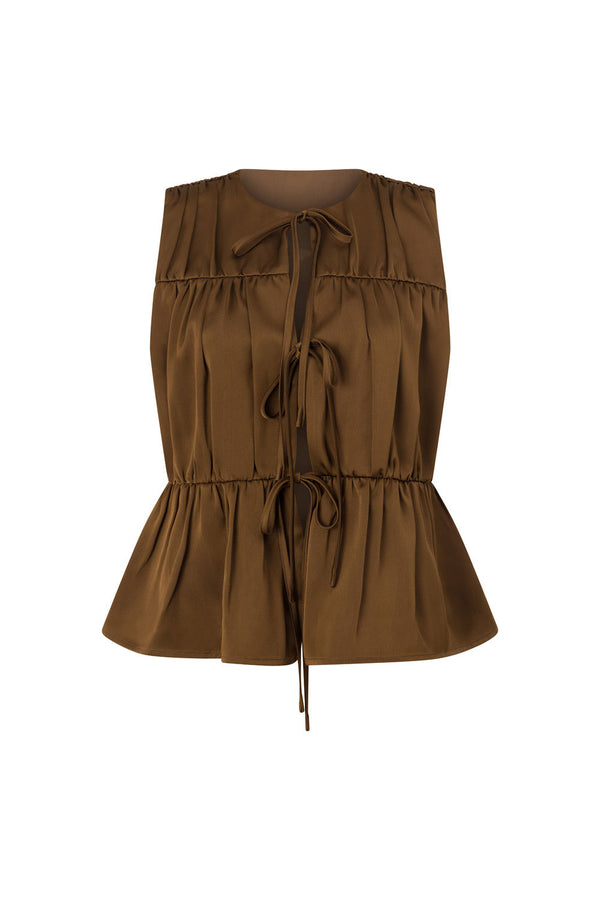 Brown Ruched Panelled Front Tie Juliette Top