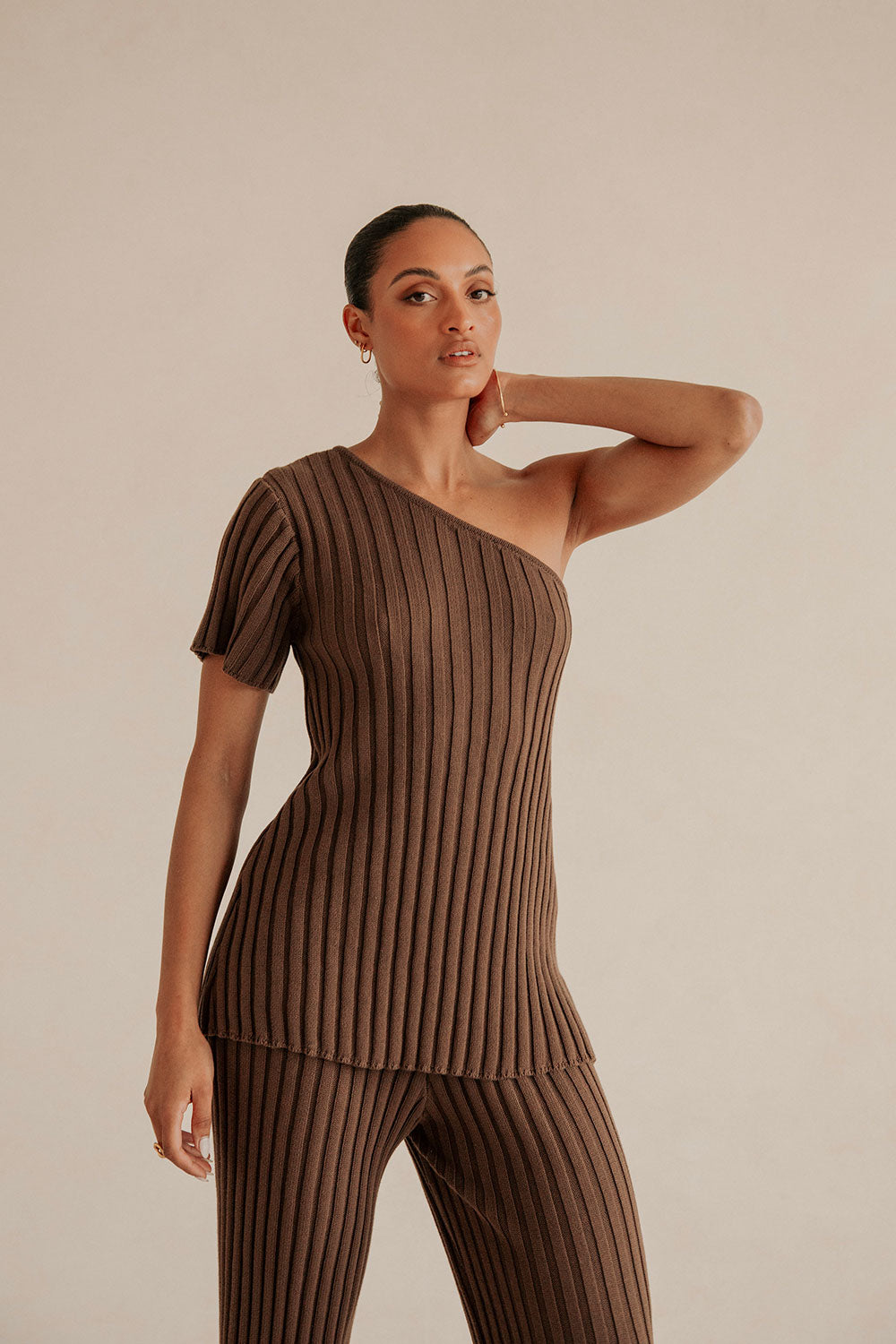 Brown Knit One Shoulder Short Sleeve Neena Top