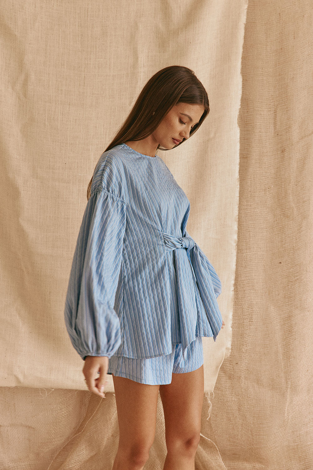 Blue Stripe Waist Tie Hailey Top