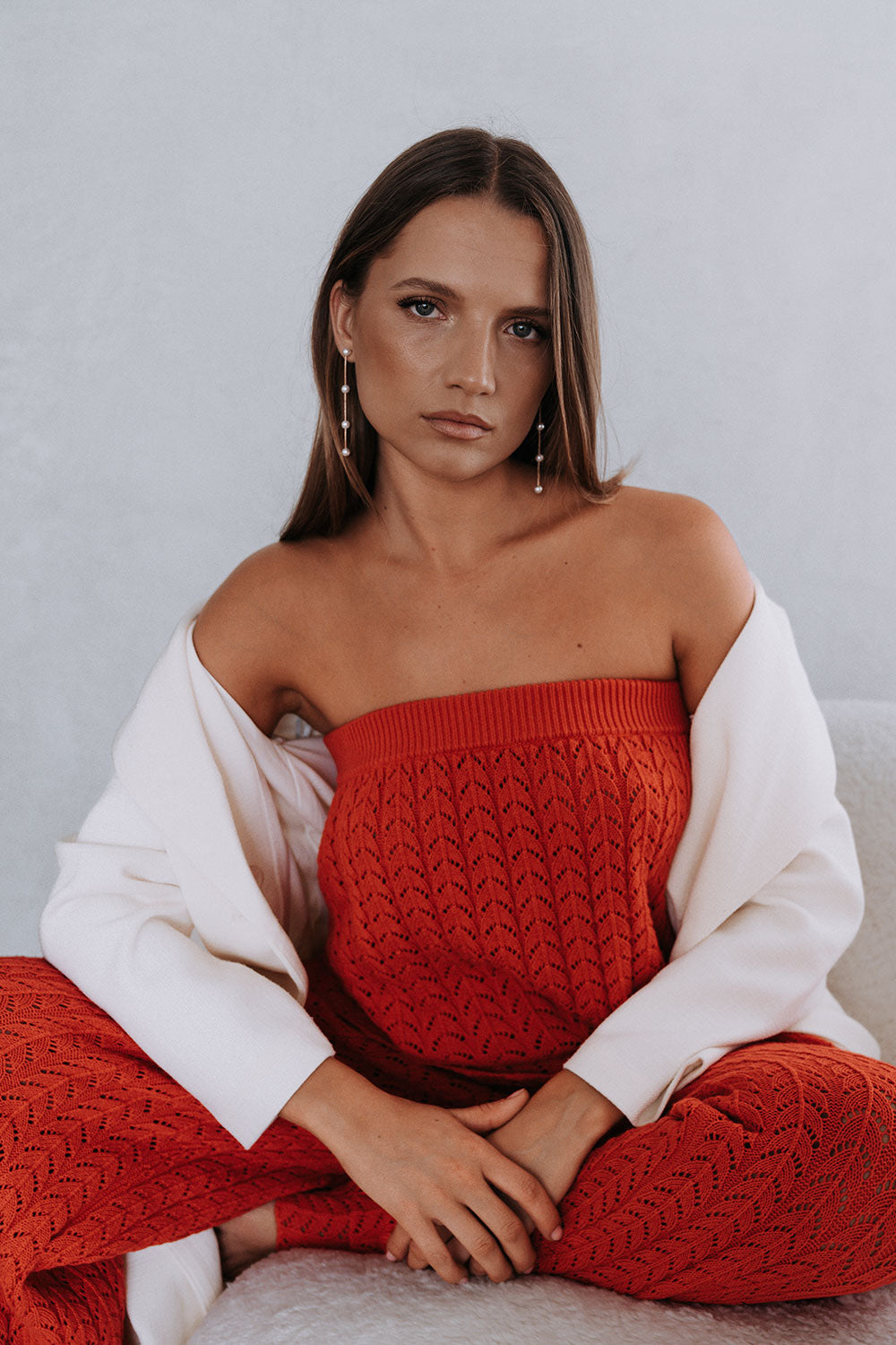 Red Cotton Knit Strapless Athena Top