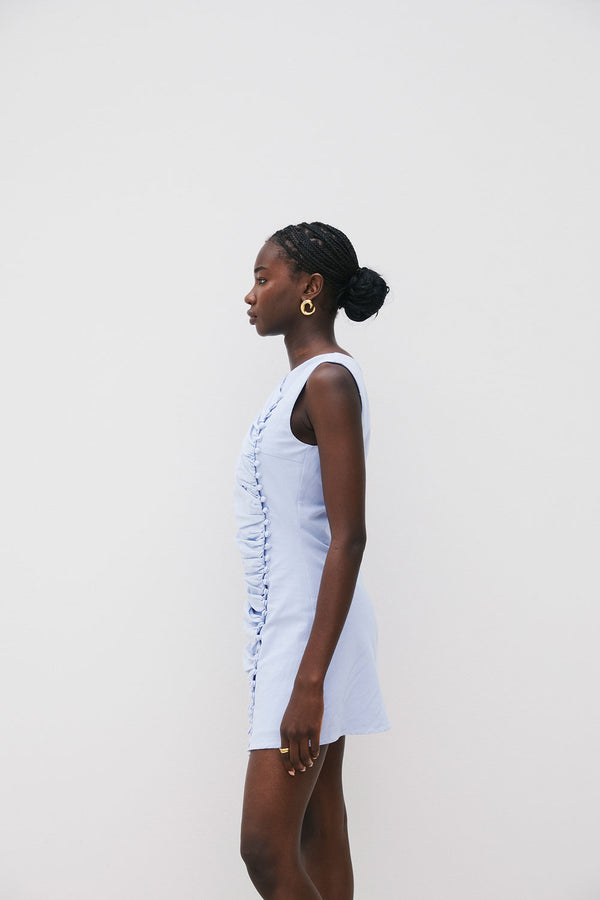 Blue Ruched Button Mini Alchemy Dress