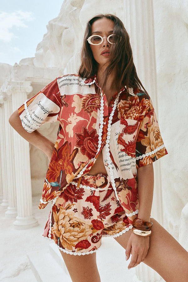 Red Floral Barocca Print Button Up Bia Shirt