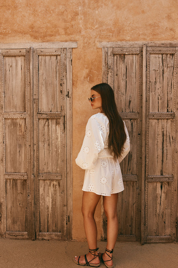 White Broderie Elastic Drawstring Aveline Shorts