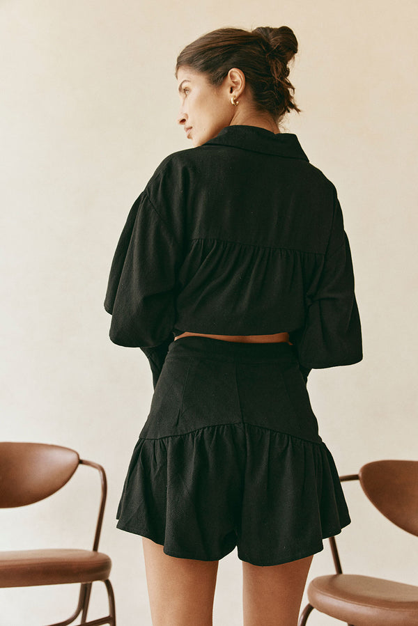 Black High Waist Gathered Flounce Panel Luna Shorts