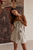 Grey and Black Pinstripe Strapless Bow Mini Tulia Dress