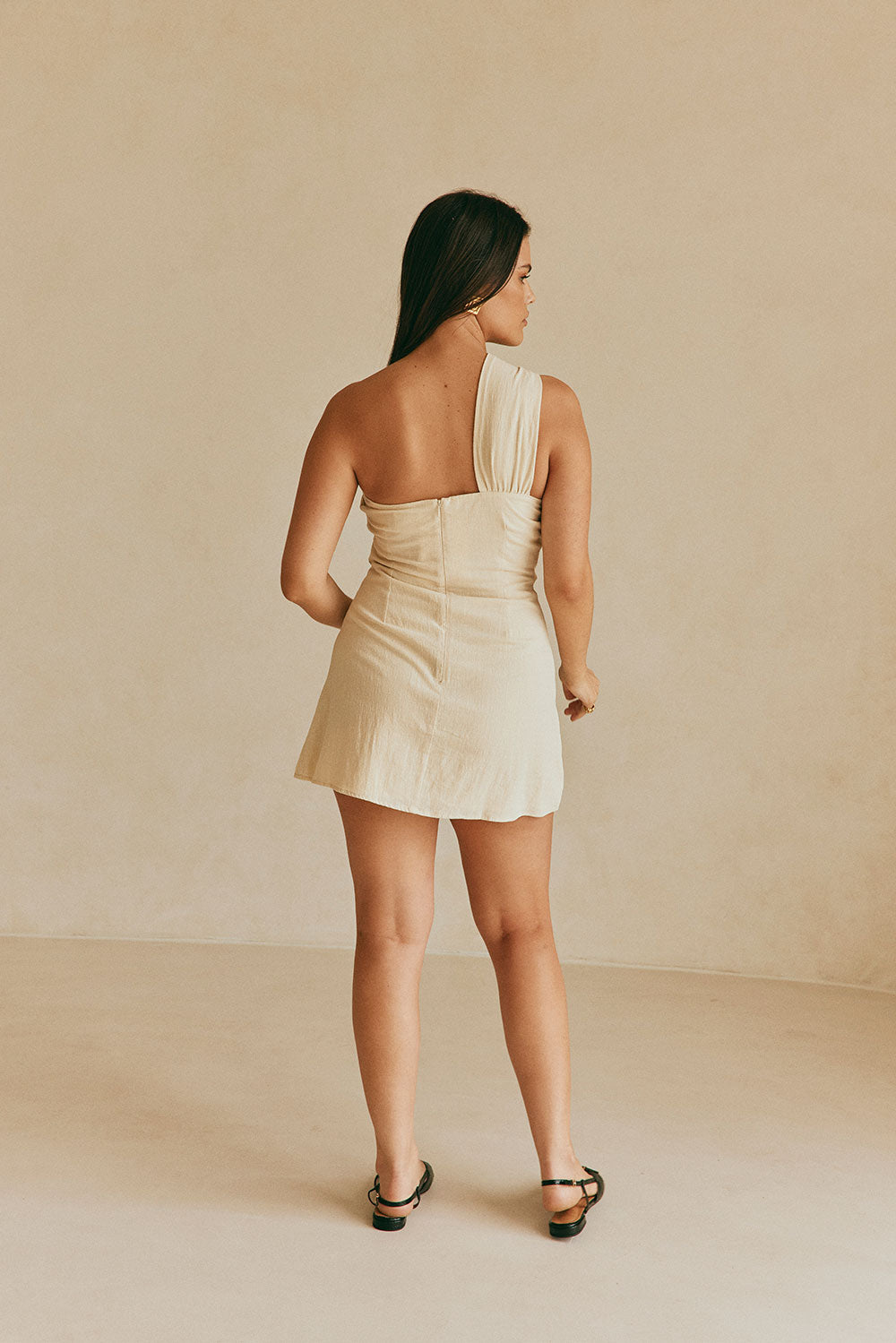 Beige One Shoulder Cutout Mini Knot Dimmi Dress