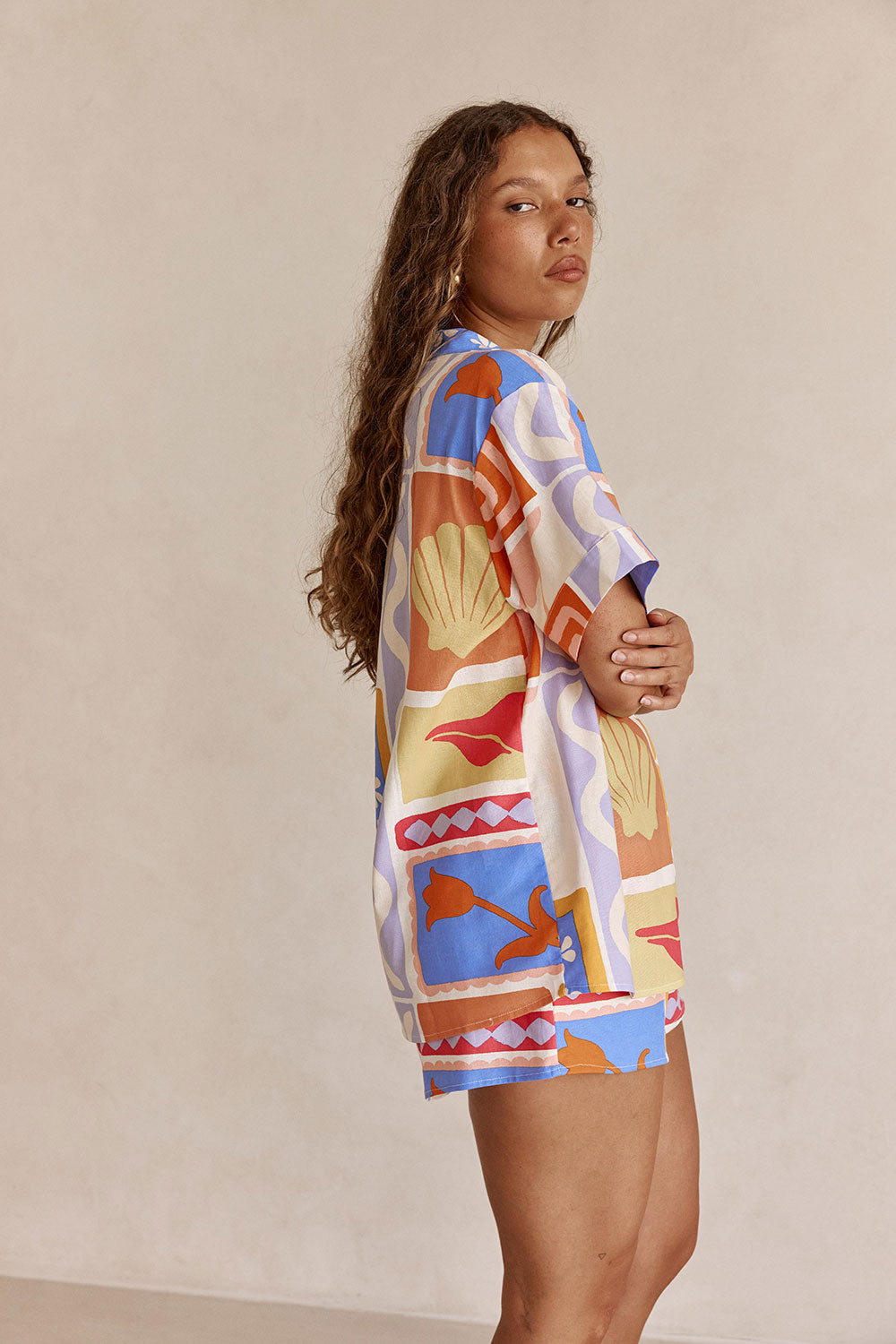 Solis Tropical Print Button Up Short Sleeve Indra Top