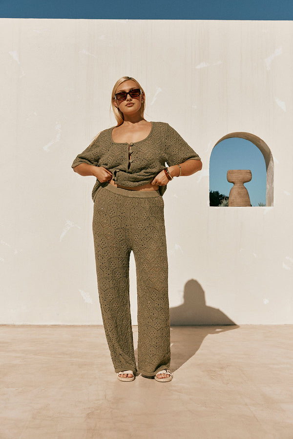 Khaki Green Crochet Knit High Waist Umiko Pants