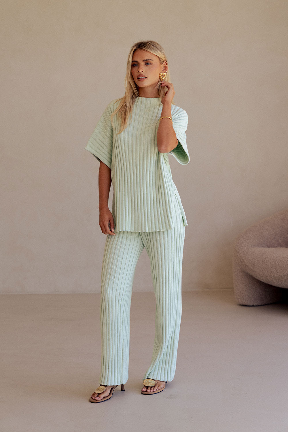 Mint Green Ribbed Knit Short Sleeve Celine Top