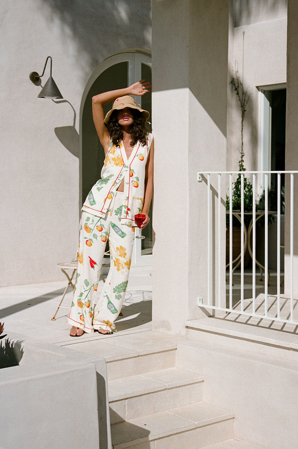 Izabelle V Neck Button Up Top - White, Yellow, Green & Blue Aesta Floral Print