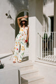 Izabelle V Neck Button Up Top - White, Yellow, Green & Blue Aesta Floral Print