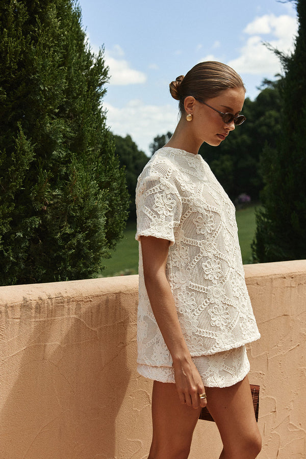 Beige Crochet Lace Rosiah T Shirt Top