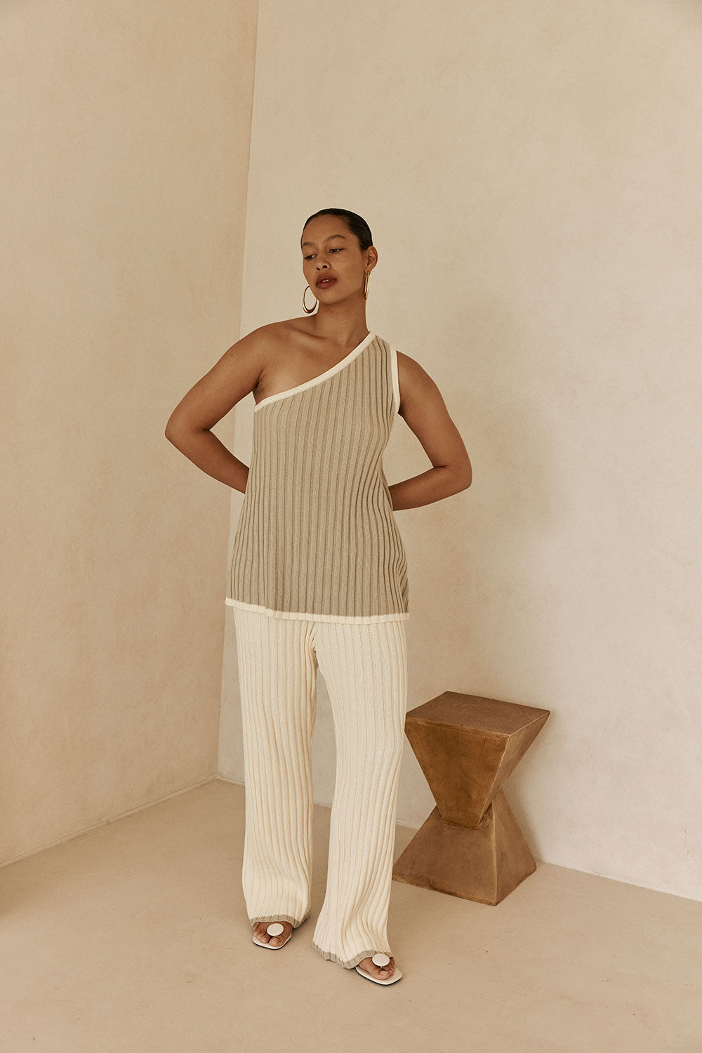 White Ribbed High Waist Aylani Pants