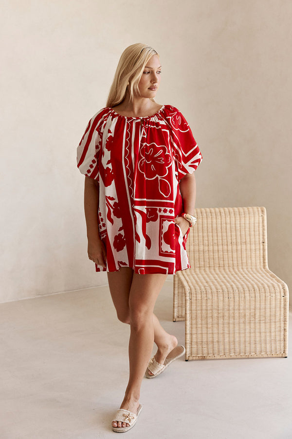Red Voyage Print Drawstring Mini Kit Shirt Dress