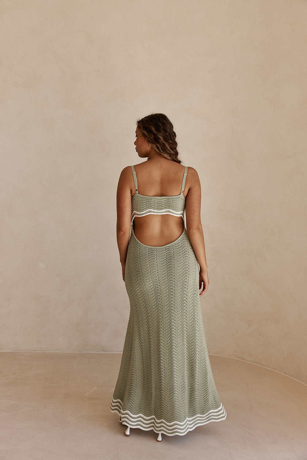 Khaki Green Wavy Knit Maxi Cielo Dress