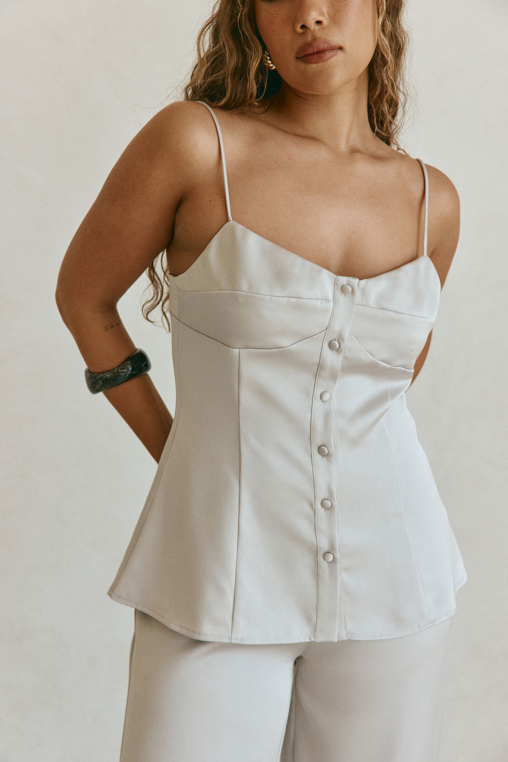 Grey Silky Button Up Strappy Lyla Top