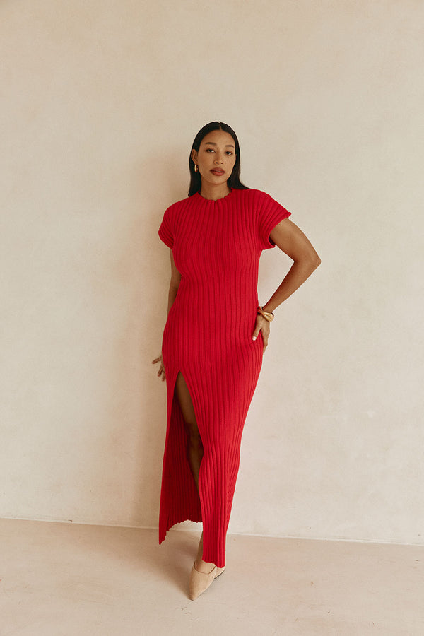 Red Rib Split Maxi Gemini Dress