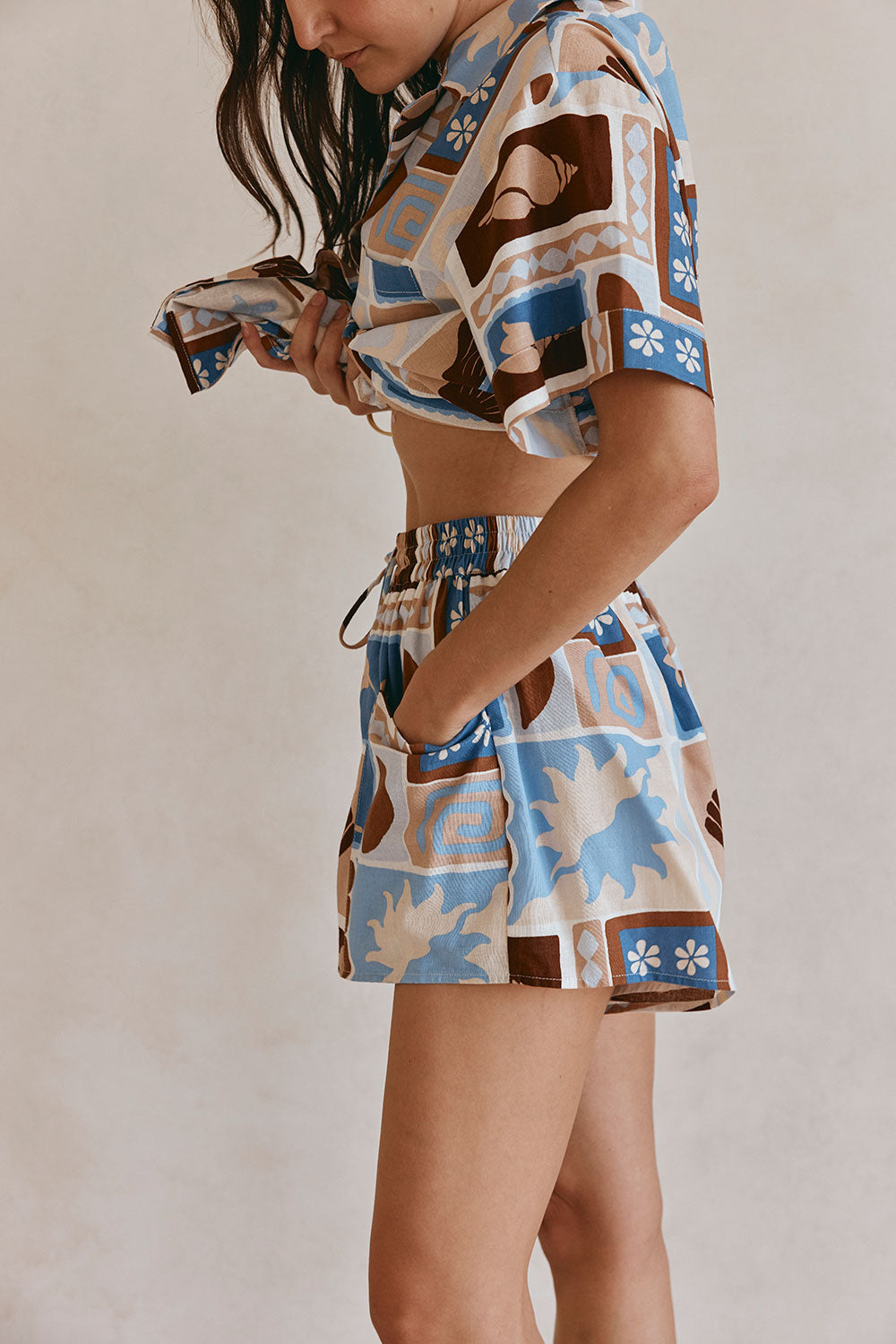 Blue Solis Print Elastic Drawstring Indra Shorts