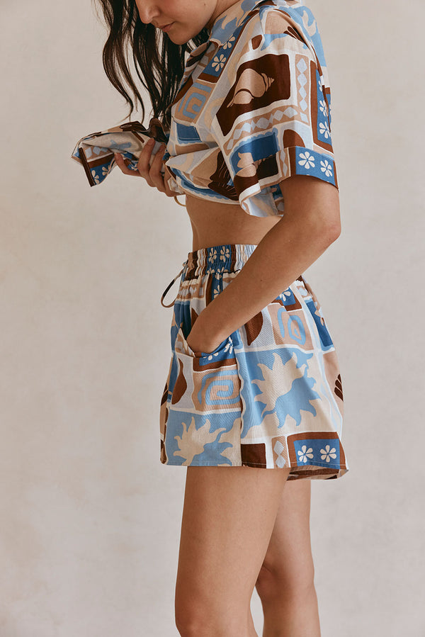 Blue Solis Print Elastic Drawstring Indra Shorts