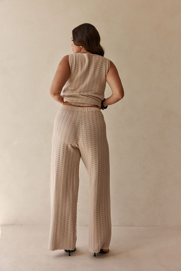 Beige Cotton Knit High Waist Lilah Pants