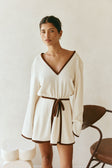 Farlee V Neckline Long Sleeve Front Tie Dress - Cream, Brown