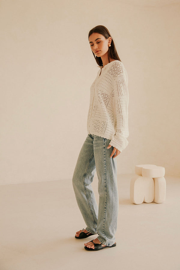 White Knit Long Sleeve Button Up Martina Top