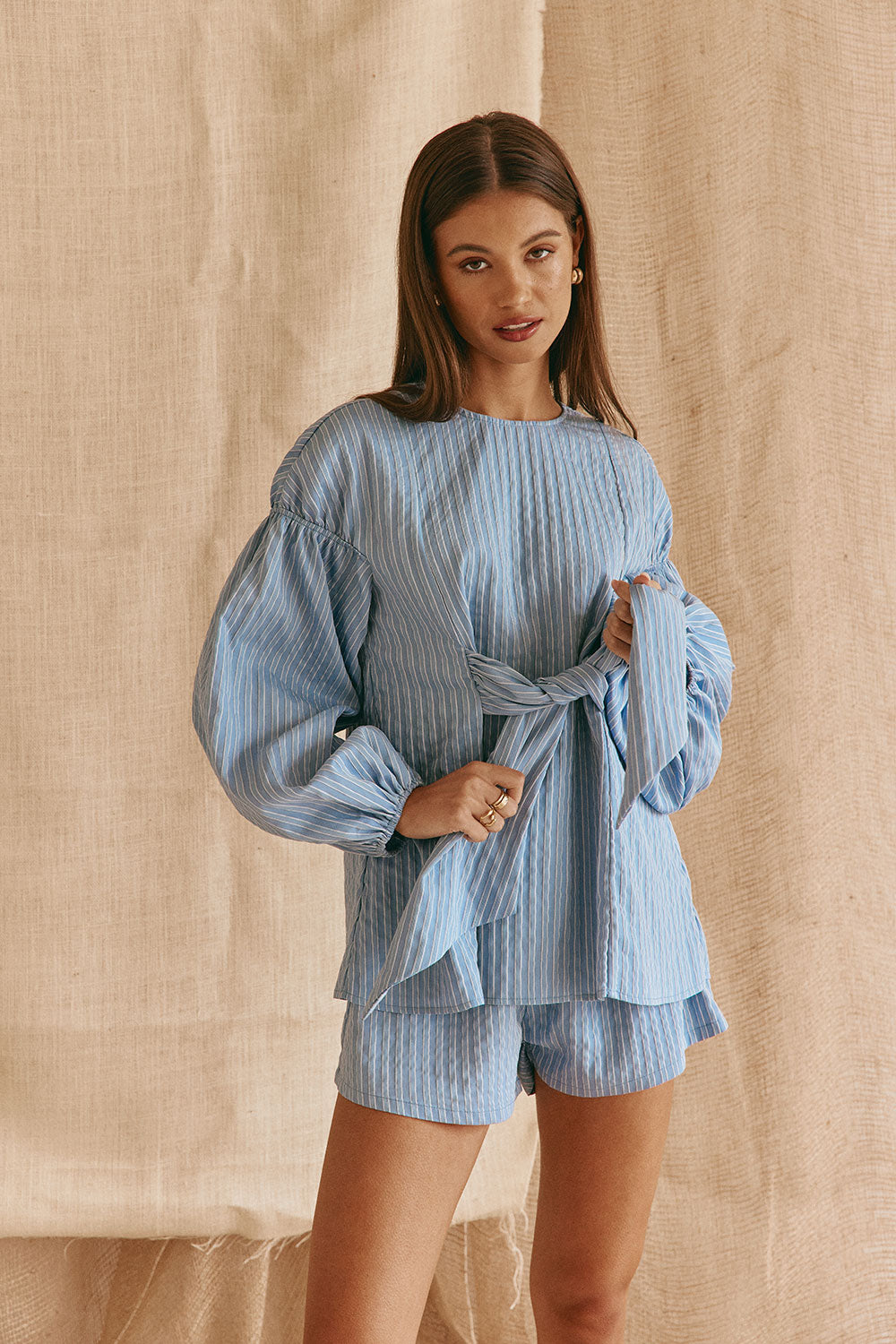 Blue Stripe Waist Tie Hailey Top