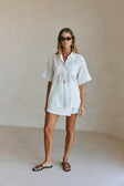 White Cheesecloth Short Sleeve Button Up Banks Top