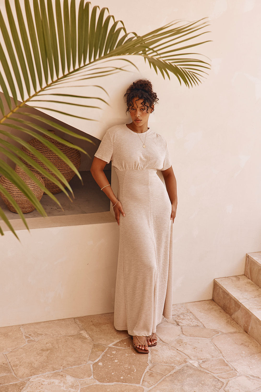 Gizelle Short Sleeve Maxi Dress - Beige