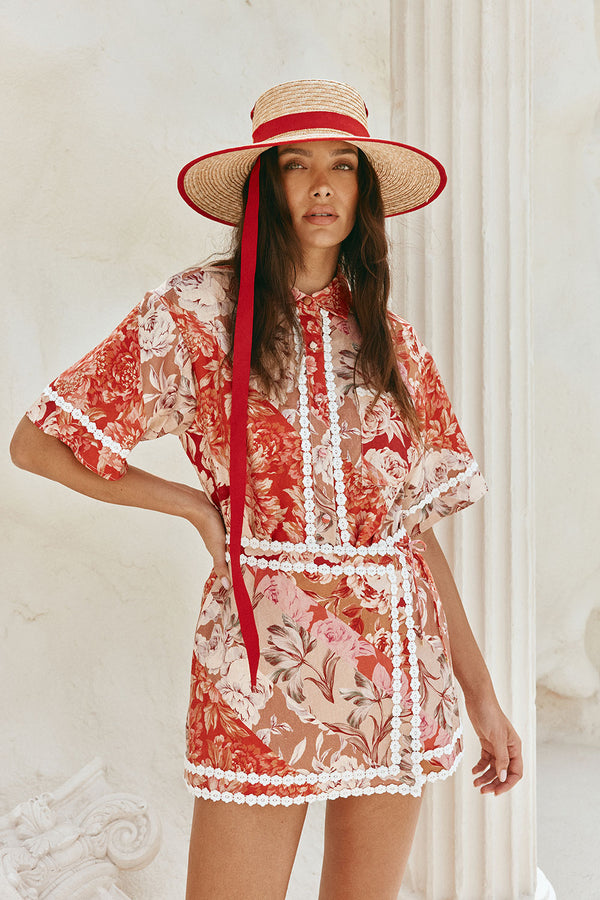 Red Floral Solafleur Print Wrap La Dolce Vita Skirt